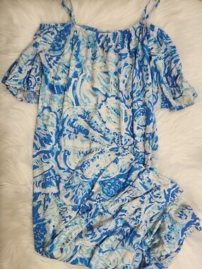 Blue & White Off-Shoulder Floral Dress - Juniors Size 14 - Brand: Lilly Pulitzer